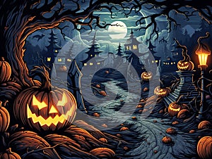A witch\'s house in a scary gloomy dark forest with trees and Halloween pumpkins, against the background of the night sky
