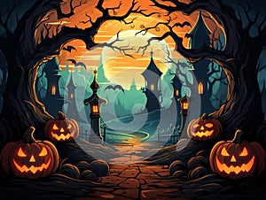 A witch\'s house in a scary gloomy dark forest with trees and Halloween pumpkins, against the background of the night sky