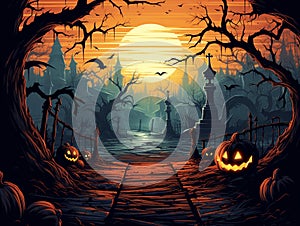 A witch\'s house in a scary gloomy dark forest with trees and Halloween pumpkins, against the background of the night sky