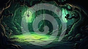 witch\'s lair hidden deep within a haunted forest. 2d cartoon illustration, generative ai