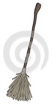 Witch`s magic broom, wooden magical equipment