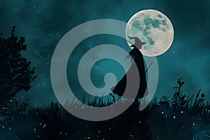 A witch with a Halloween full moon night background