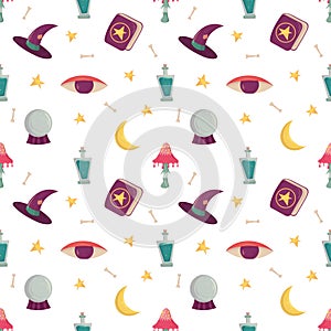Witch seamless pattern with esoteric tools. Witchcraft supply