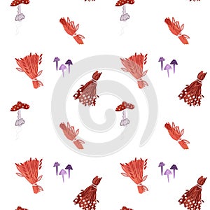 Witch seamless pattern. Potions made from dried herbs, dried flowers, fly agarics and purple toadstools. Halloween wrapping paper