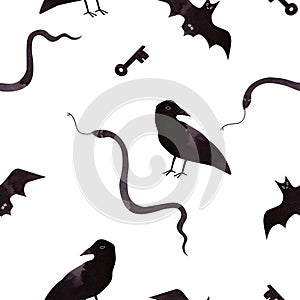 Witch seamless pattern. Wizard\'s animals: raven, snake, bat and keys. Halloween wrapping paper. Autumn decor. Watercolor