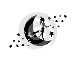 Witch silhouette flying with a broom on the moon, vector