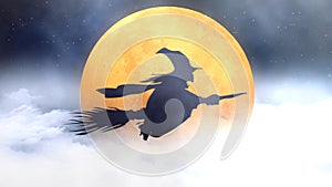 Witch Silhouette Flying Broom Past Orange Moon
