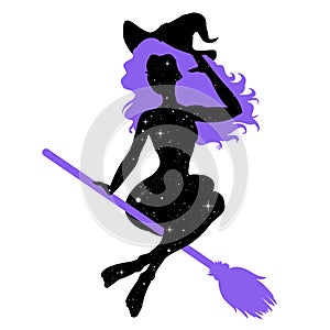 Witch silhouette riding the broom, sexy woman, vector illustration photo