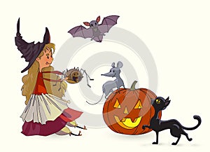 Witch, spider, pumpkin, mouse, bat, black cat. Collection of Halloween. Vector illustration