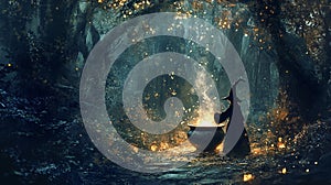 A witch stirring a bubbling cauldron in the middle of a dimly lit