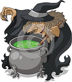 Witch stirring melting pot illustration