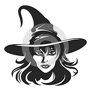 witch with traditional hat - sorceress costume for halloween black and white vector portrait