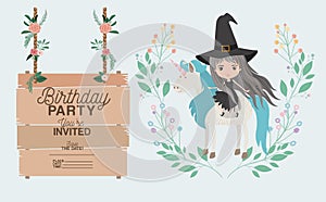 Witch with unicorn and label wooden invitation card