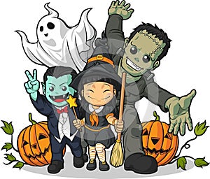 Witch, Vampire, Frankenstein, Ghost & Pumpkin photo