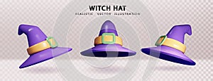 Witch wizard's hat isolated. Realistic halloween purple hat