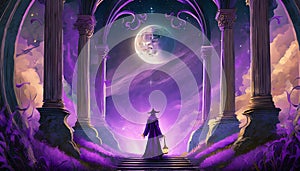 witch woman at full moon in temple ruins in purple colors