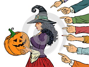 witch woman with pumpkin halloween, seasonal holiday, shame shaming bullying theme. Isolate on a white background