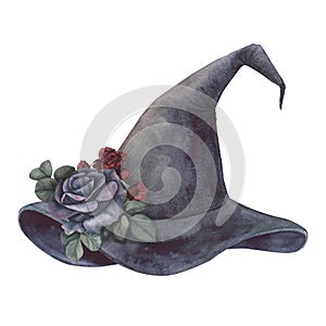 Witch's empty hat with magical reses isolated on white background. Watercolor hand drawn dark fantasy sketch photo
