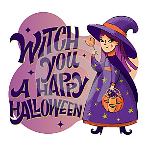 Witch you a Happy Halloween - halloween hand drawn lettering phrase.