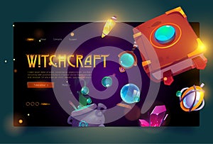 Witchcraft banner with book of spell and cauldron