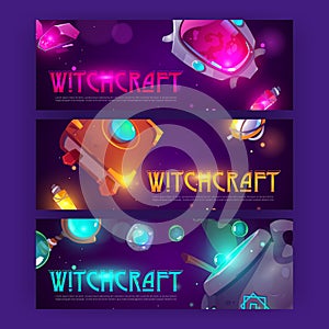 Witchcraft cartoon banners with magician stuff