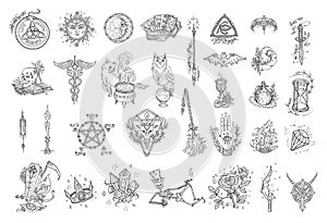 Witchcraft kit. Magic occult and alchemical symbols. Halloween mysticism set. Esoteric astrological. Hand drawn sketch