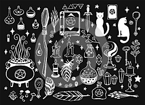 Witchcraft, magic background for witches and wizards. Vector vintage collection. Hand drawn magic tools, concept of witchcraft.