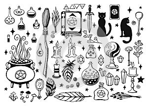 Witchcraft, magic background for witches and wizards. Vector vintage collection. Hand drawn magic tools, concept of witchcraft. photo
