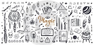 Witchcraft, magic background for witches and wizards. Wicca and pagan tradition. Vector vintage collection. Hand drawn