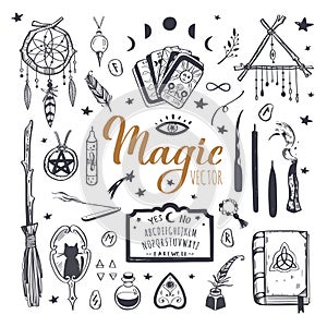 Witchcraft, magic background for witches and wizards. Wicca and pagan tradition. Vector vintage collection. Hand drawn