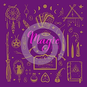 Witchcraft, magic background for witches and wizards. Wicca and pagan tradition. Vector vintage collection. Hand drawn