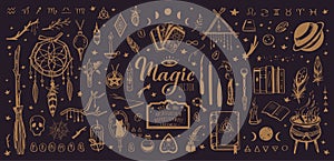 Witchcraft, magic background for witches and wizards. Wicca and pagan tradition. Vector vintage collection. Hand drawn