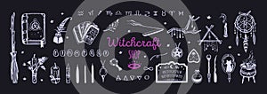 Witchcraft, magic background for witches and wizards. Wicca and pagan tradition. Vector vintage collection. Hand drawn