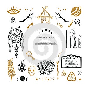 Witchcraft, magic background for witches and wizards. Wicca and pagan tradition. Vector vintage collection. Hand drawn