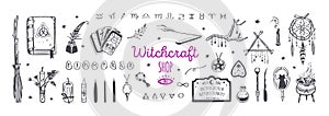Witchcraft, magic shop for witches and wizards. Wicca and pagan tradition. Vector vintage collection. Hand drawn