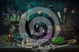 Witchcraft magical still life with alchemical bottles. Neural network AI generated