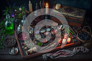 Witchcraft magical still life with alchemical bottles. Neural network AI generated