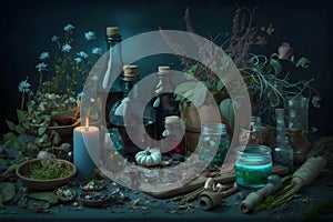 Witchcraft magical still life with alchemical bottles. Neural network AI generated