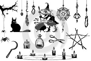 Witchcraft mystical magic elements.Halloween silhouettes icon and character.