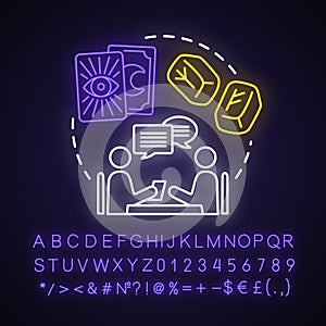 Witchcraft services neon light concept icon. Fortune telling and divination idea. Glowing sign with alphabet, numbers