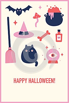 Witchcraft tools. Halloween greeting card.