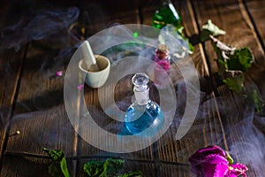 Witchcraft. Witch doctor desk table. Magic potion. ALternative medicine concept. Divination, love potion. Mysterious