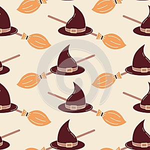 Witchcrafts seamless pattern cartoon style. Isolated vector broom stick and witch hat in endless background for Halloween