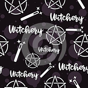 Witchery seamless pattern with magic wands and satanic pagan pentagram photo