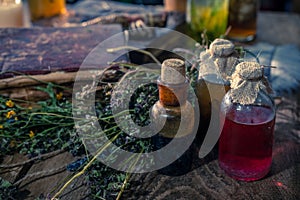 A witchery stuff: multiple tincture bottles, bunches of dry healthy herbs, stack of ancient ritual books, amulets, candles...