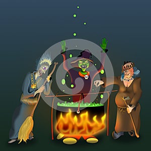 Three witches brewing a poison potion at night during Halloween