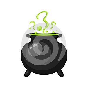 Witches black steel cauldron with boiling green magic potion isolated on white background. Decorative element for Halloween.