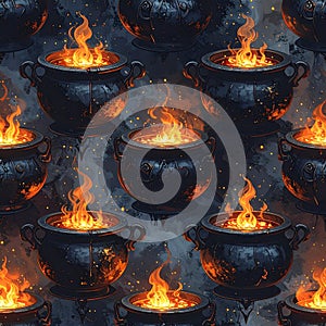 Witches Brew Cauldron Fire Seamless Pattern