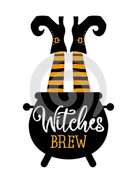 Witches brew, Witch`s brew - Halloween quote on white background with broom, bat and witch hat.