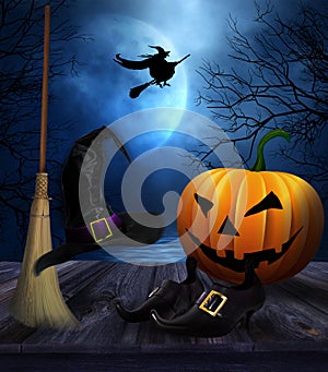 Witches broom hat and shoes with Halloween background